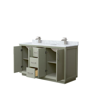 Strada 60 Inch Double Bathroom Vanity in Light Green White Carrara Marble Countertop Undermount Square Sinks Brushed Nickel Trim