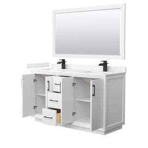Strada 60 Inch Double Bathroom Vanity in White Carrara Cultured Marble Countertop Undermount Square Sink Matte Black Trim 58 Inch Mirror