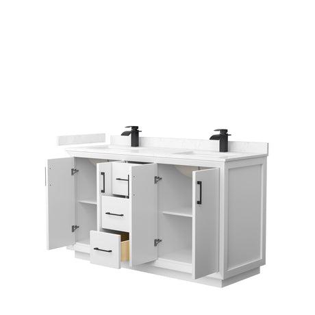 Strada 60 Inch Double Bathroom Vanity in White Carrara Cultured Marble Countertop Undermount Square Sink Matte Black Trim