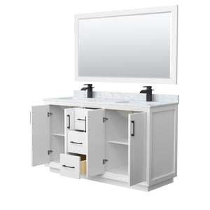 Strada 60 Inch Double Bathroom Vanity in White White Carrara Marble Countertop Undermount Square Sink Matte Black Trim 58 Inch Mirror
