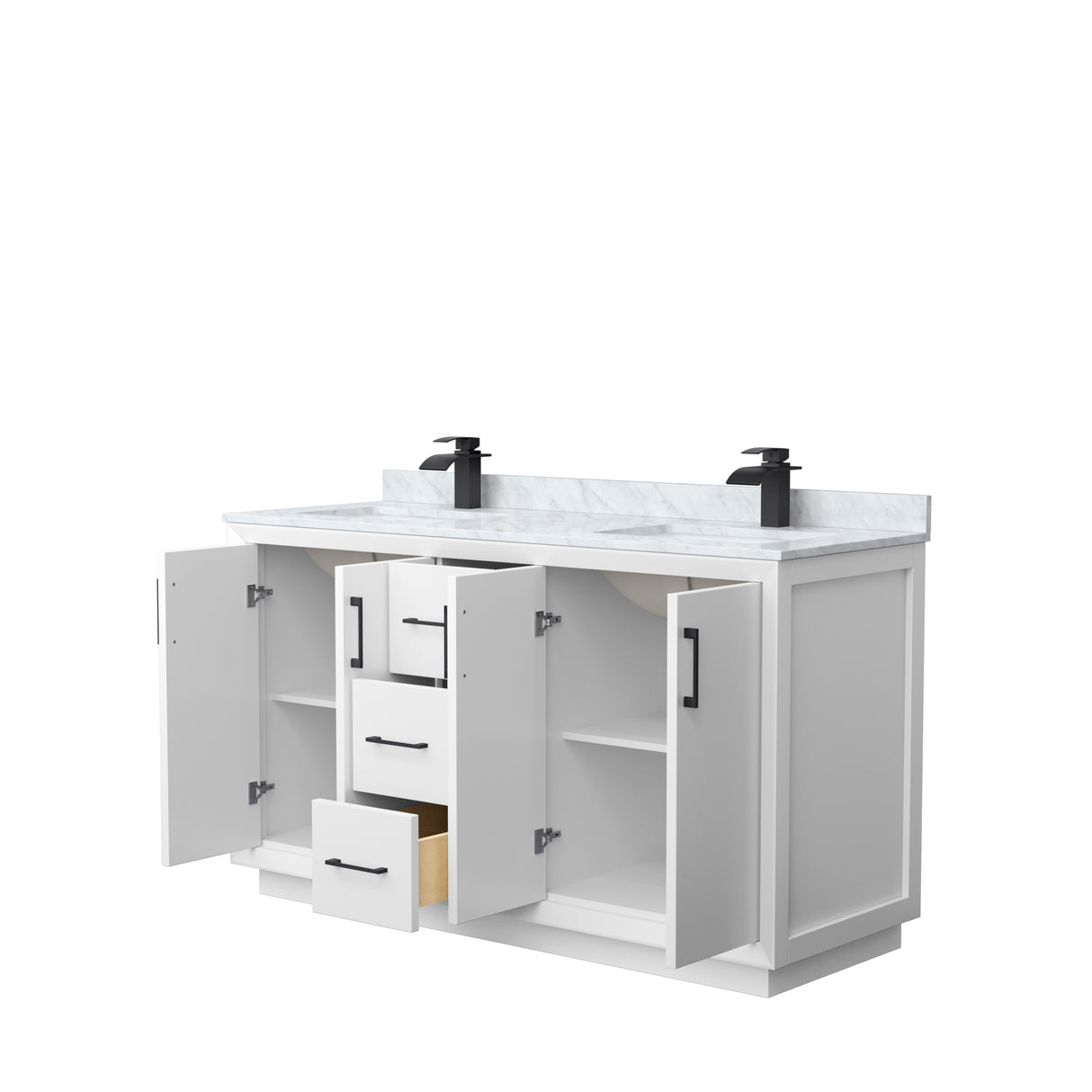 Strada 60 Inch Double Bathroom Vanity in White White Carrara Marble Countertop Undermount Square Sink Matte Black Trim