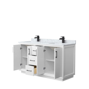 Strada 60 Inch Double Bathroom Vanity in White White Carrara Marble Countertop Undermount Square Sink Matte Black Trim