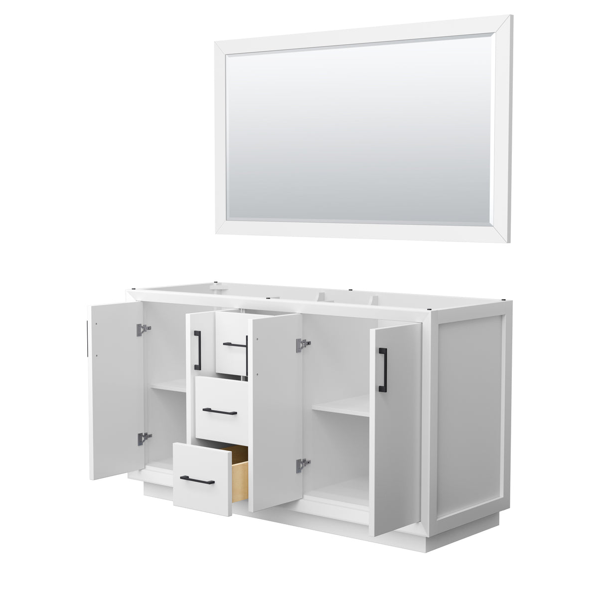 Strada 60 Inch Double Bathroom Vanity in White No Countertop No Sink Matte Black Trim 58 Inch Mirror