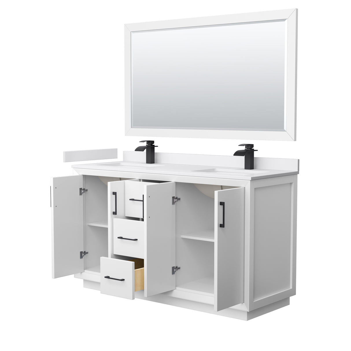 Strada 60 Inch Double Bathroom Vanity in White White Cultured Marble Countertop Undermount Square Sink Matte Black Trim 58 Inch Mirror