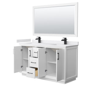 Strada 60 Inch Double Bathroom Vanity in White White Cultured Marble Countertop Undermount Square Sink Matte Black Trim 58 Inch Mirror