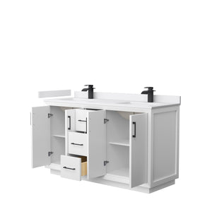 Strada 60 Inch Double Bathroom Vanity in White White Cultured Marble Countertop Undermount Square Sink Matte Black Trim
