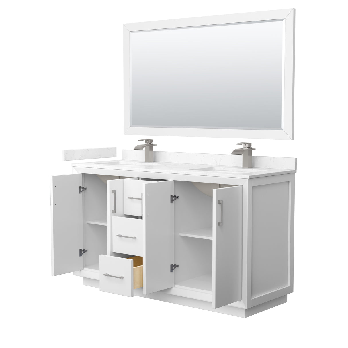 Strada 60 Inch Double Bathroom Vanity in White Carrara Cultured Marble Countertop Undermount Square Sink Brushed Nickel Trim 58 Inch Mirror