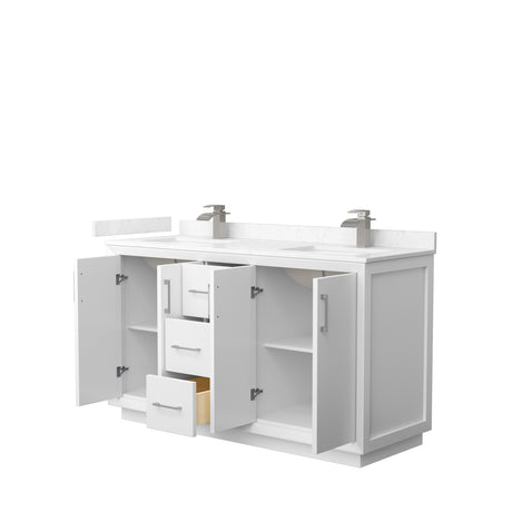 Strada 60 Inch Double Bathroom Vanity in White Carrara Cultured Marble Countertop Undermount Square Sink Brushed Nickel Trim