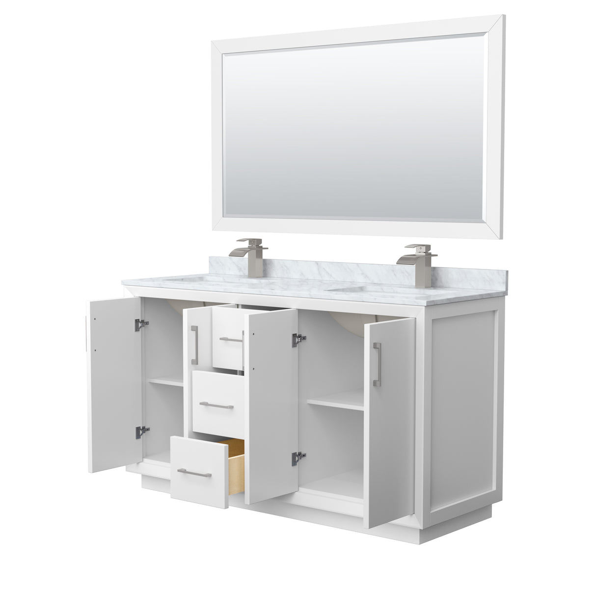 Strada 60 Inch Double Bathroom Vanity in White White Carrara Marble Countertop Undermount Square Sink Brushed Nickel Trim 58 Inch Mirror