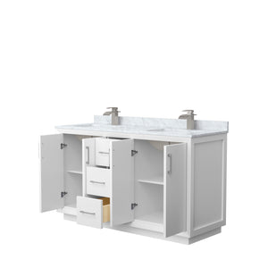 Strada 60 Inch Double Bathroom Vanity in White White Carrara Marble Countertop Undermount Square Sink Brushed Nickel Trim
