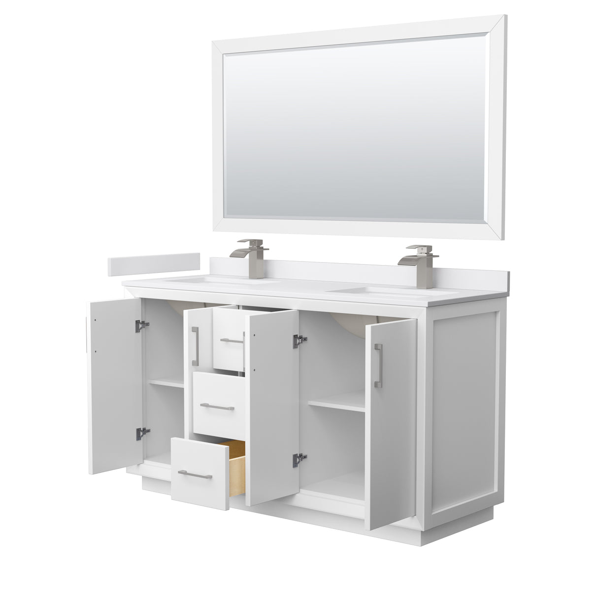 Strada 60 Inch Double Bathroom Vanity in White White Cultured Marble Countertop Undermount Square Sink Brushed Nickel Trim 58 Inch Mirror