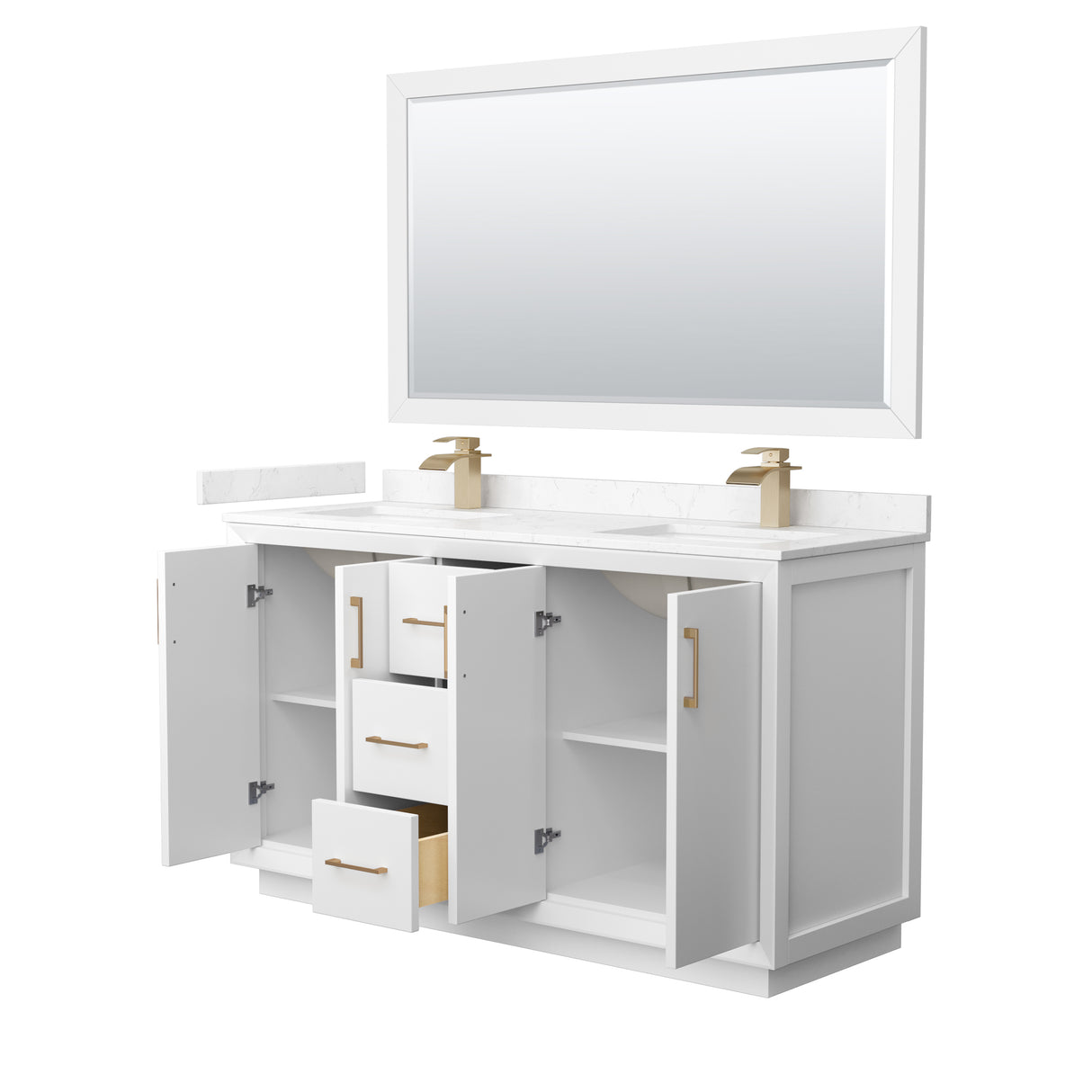 Strada 60 Inch Double Bathroom Vanity in White Carrara Cultured Marble Countertop Undermount Square Sink Satin Bronze Trim 58 Inch Mirror