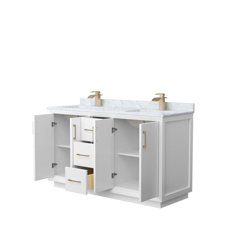 Strada 60 Inch Double Bathroom Vanity in White White Carrara Marble Countertop Undermount Square Sink Satin Bronze Trim