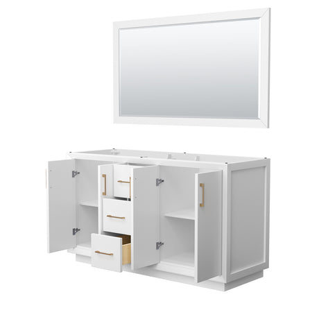 Strada 60 Inch Double Bathroom Vanity in White No Countertop No Sink Satin Bronze Trim 58 Inch Mirror