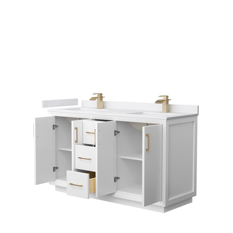 Strada 60 Inch Double Bathroom Vanity in White White Cultured Marble Countertop Undermount Square Sink Satin Bronze Trim