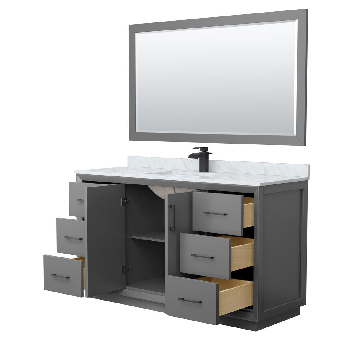 Strada 60 Inch Single Bathroom Vanity in Dark Gray White Carrara Marble Countertop Undermount Square Sink Matte Black Trim 58 Inch Mirror