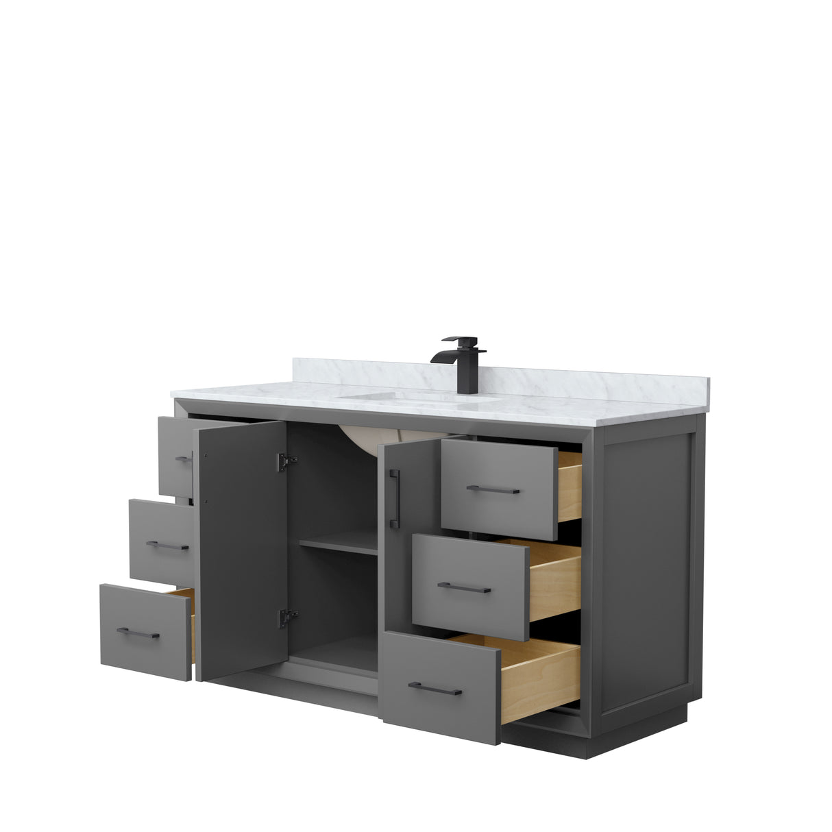Strada 60 Inch Single Bathroom Vanity in Dark Gray White Carrara Marble Countertop Undermount Square Sink Matte Black Trim