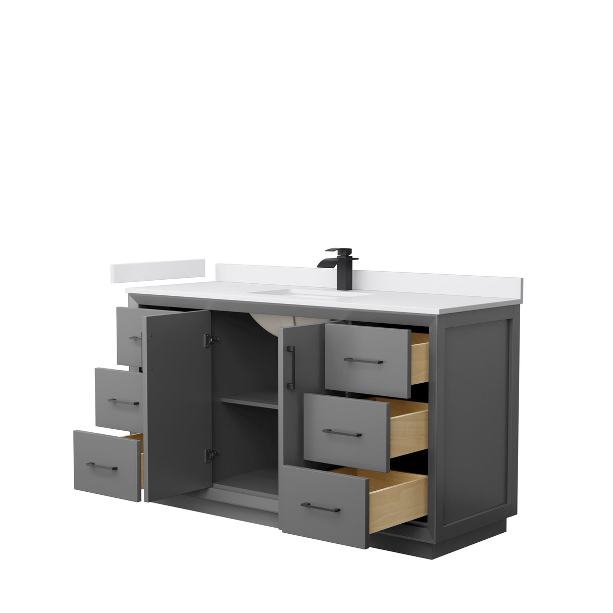 Strada 60 Inch Single Bathroom Vanity in Dark Gray White Cultured Marble Countertop Undermount Square Sink Matte Black Trim