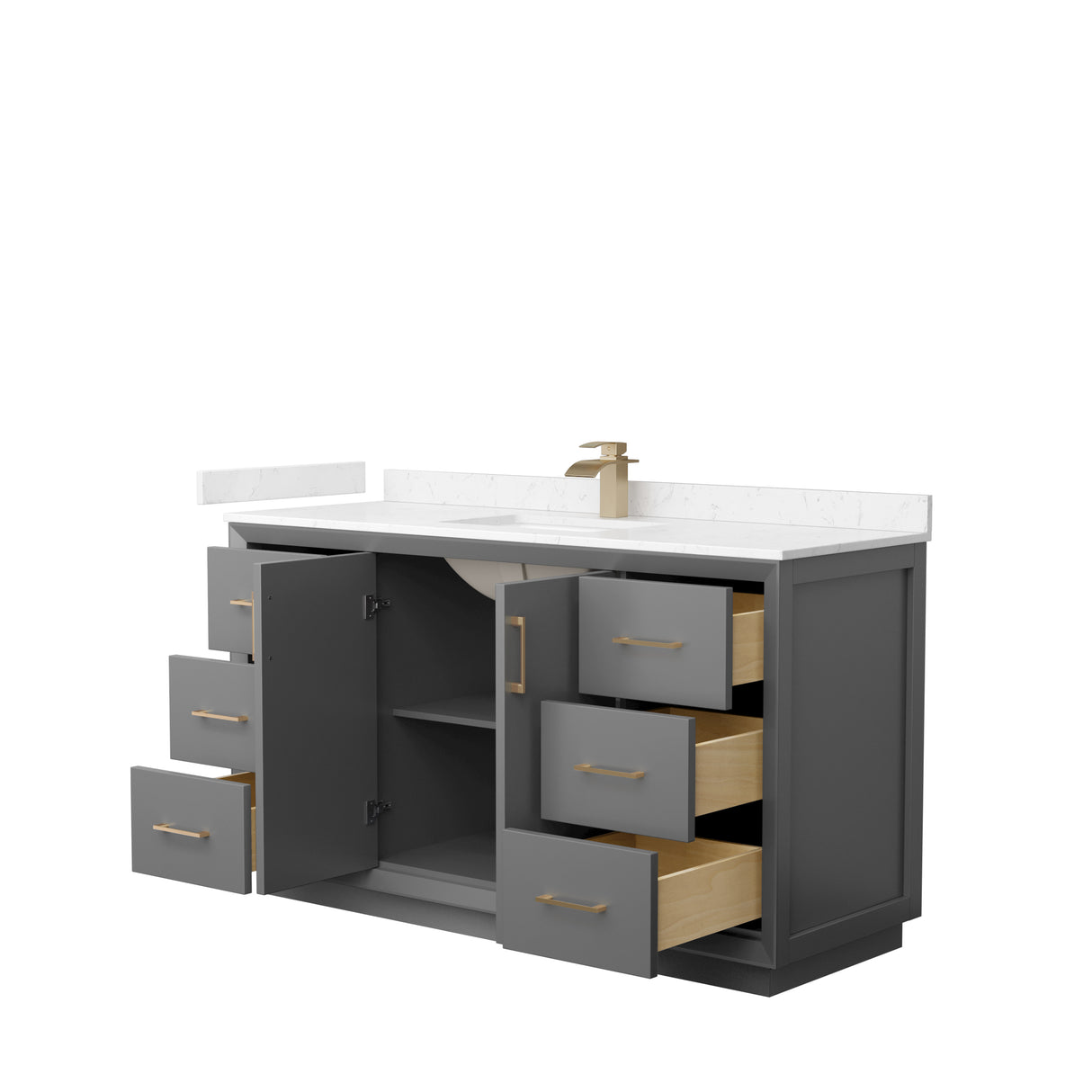 Strada 60 Inch Single Bathroom Vanity in Dark Gray Carrara Cultured Marble Countertop Undermount Square Sink Satin Bronze Trim