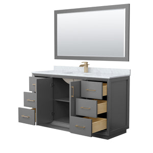 Strada 60 Inch Single Bathroom Vanity in Dark Gray White Carrara Marble Countertop Undermount Square Sink Satin Bronze Trim 58 Inch Mirror