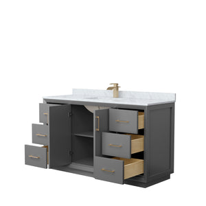 Strada 60 Inch Single Bathroom Vanity in Dark Gray White Carrara Marble Countertop Undermount Square Sink Satin Bronze Trim