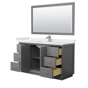 Strada 60 Inch Single Bathroom Vanity in Dark Gray White Cultured Marble Countertop Undermount Square Sink Brushed Nickel Trim 58 Inch Mirror