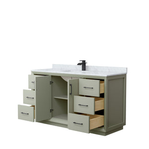 Strada 60 Inch Single Bathroom Vanity in Light Green White Carrara Marble Countertop Undermount Square Sink Matte Black Trim