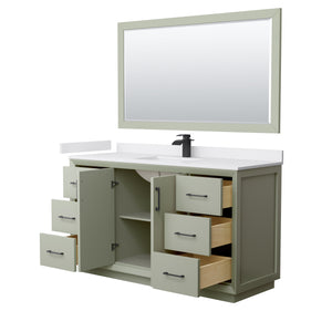 Strada 60 Inch Single Bathroom Vanity in Light Green White Cultured Marble Countertop Undermount Square Sink Matte Black Trim 58 Inch Mirror