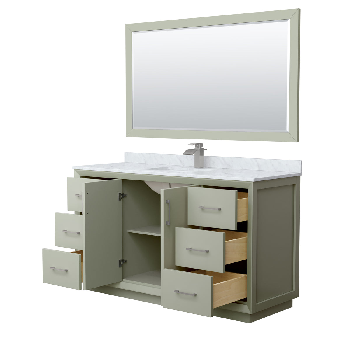 Strada 60 Inch Single Bathroom Vanity in Light Green White Carrara Marble Countertop Undermount Square Sink Brushed Nickel Trim 58 Inch Mirror