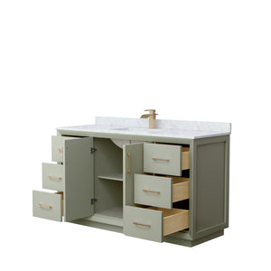 Strada 60 Inch Single Bathroom Vanity in Light Green White Carrara Marble Countertop Undermount Square Sink Satin Bronze Trim