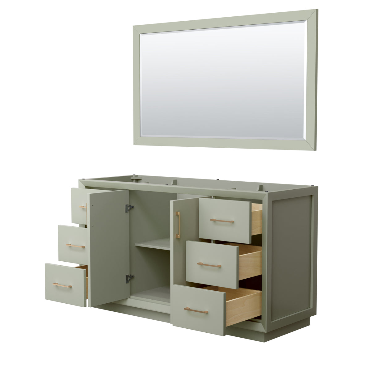 Strada 60 Inch Single Bathroom Vanity in Light Green No Countertop No Sink Satin Bronze Trim 58 Inch Mirror