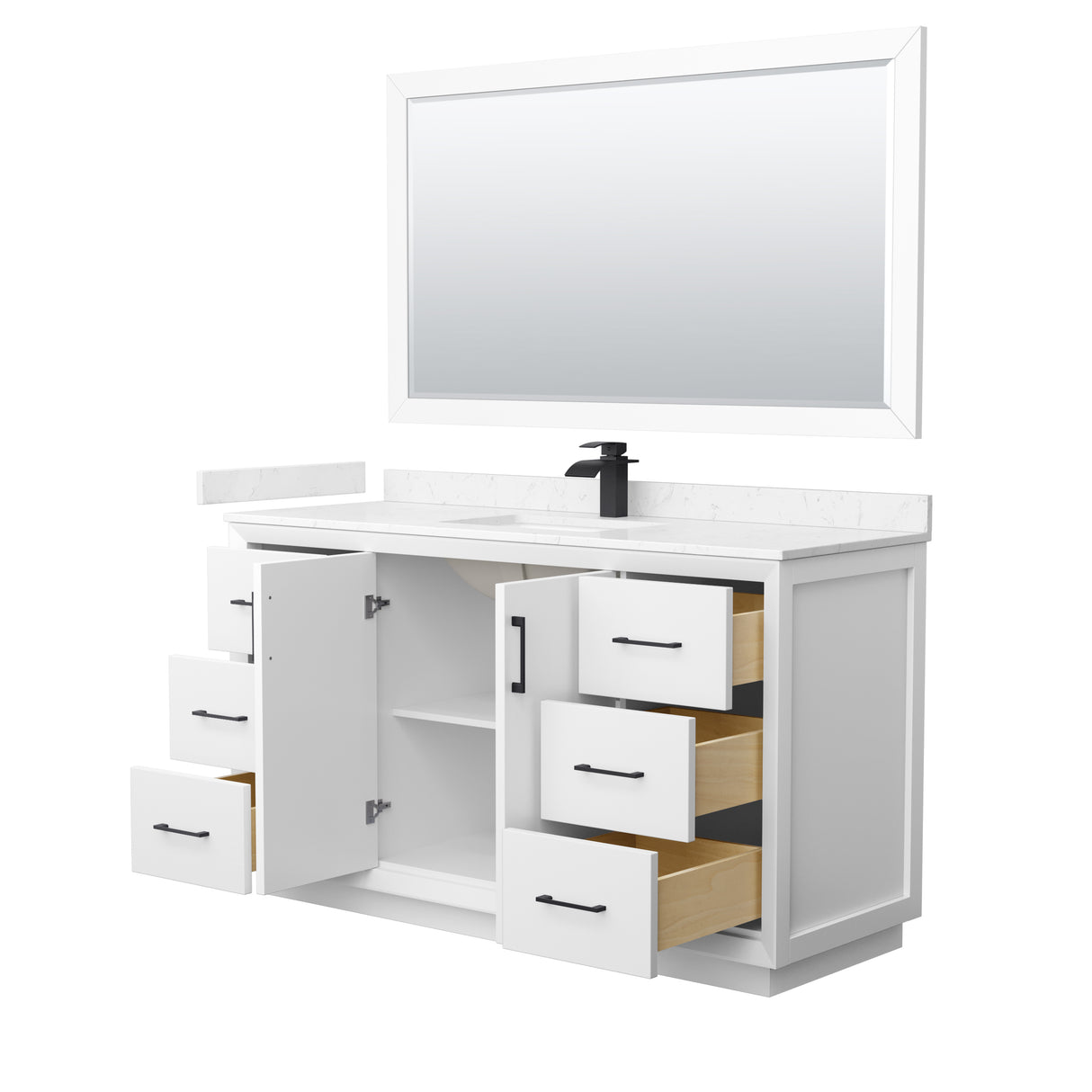Strada 60 Inch Single Bathroom Vanity in White Carrara Cultured Marble Countertop Undermount Square Sink Matte Black Trim 58 Inch Mirror