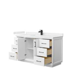 Strada 60 Inch Single Bathroom Vanity in White Carrara Cultured Marble Countertop Undermount Square Sink Matte Black Trim