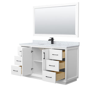 Strada 60 Inch Single Bathroom Vanity in White White Carrara Marble Countertop Undermount Square Sink Matte Black Trim 58 Inch Mirror