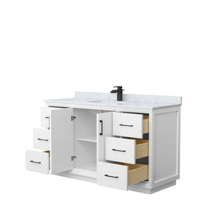 Strada 60 Inch Single Bathroom Vanity in White White Carrara Marble Countertop Undermount Square Sink Matte Black Trim