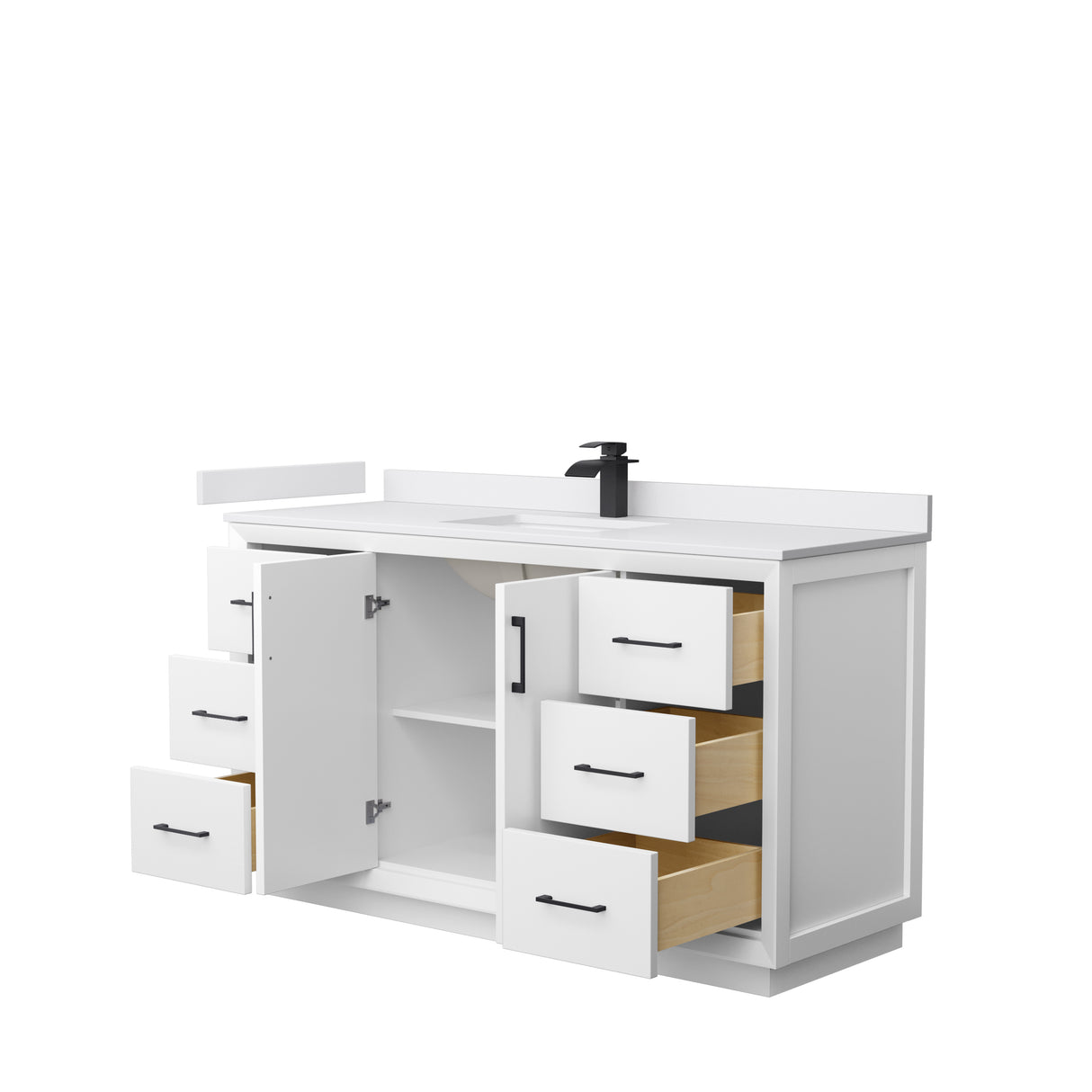 Strada 60 Inch Single Bathroom Vanity in White White Cultured Marble Countertop Undermount Square Sink Matte Black Trim