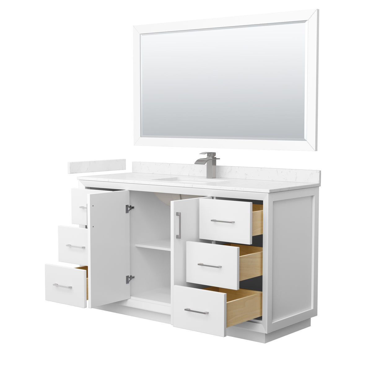 Strada 60 Inch Single Bathroom Vanity in White Carrara Cultured Marble Countertop Undermount Square Sink Brushed Nickel Trim 58 Inch Mirror