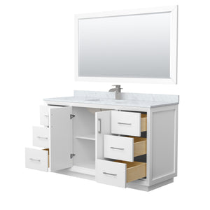 Strada 60 Inch Single Bathroom Vanity in White White Carrara Marble Countertop Undermount Square Sink Brushed Nickel Trim 58 Inch Mirror