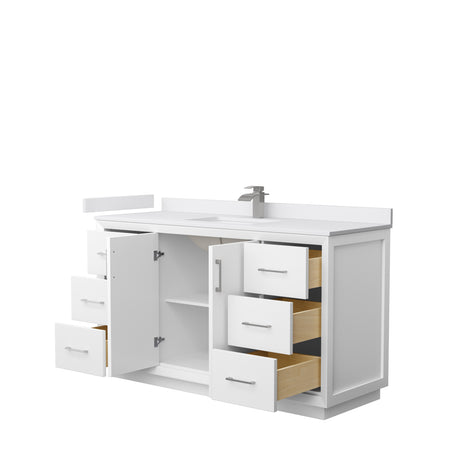 Strada 60 Inch Single Bathroom Vanity in White White Cultured Marble Countertop Undermount Square Sink Brushed Nickel Trim