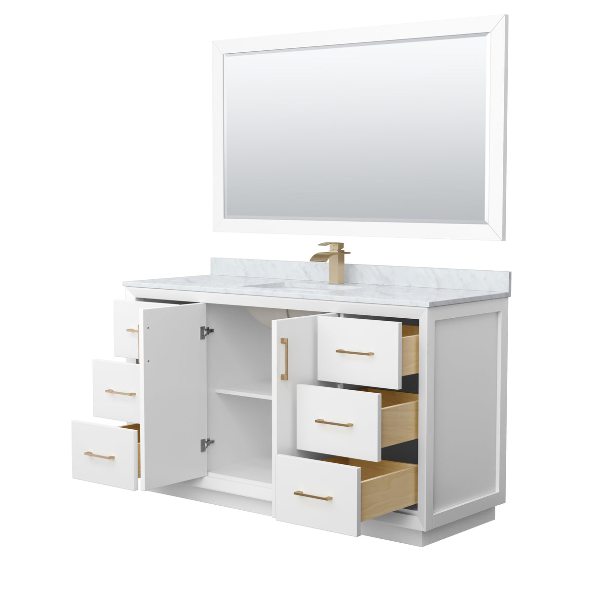 Strada 60 Inch Single Bathroom Vanity in White White Carrara Marble Countertop Undermount Square Sink Satin Bronze Trim 58 Inch Mirror