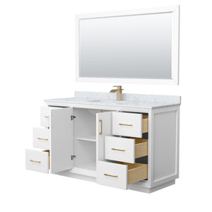 Strada 60 Inch Single Bathroom Vanity in White White Carrara Marble Countertop Undermount Square Sink Satin Bronze Trim 58 Inch Mirror