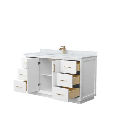Strada 60 Inch Single Bathroom Vanity in White White Carrara Marble Countertop Undermount Square Sink Satin Bronze Trim