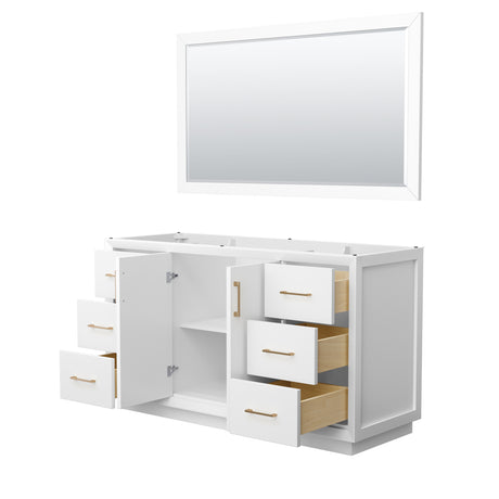 Strada 60 Inch Single Bathroom Vanity in White No Countertop No Sink Satin Bronze Trim 58 Inch Mirror