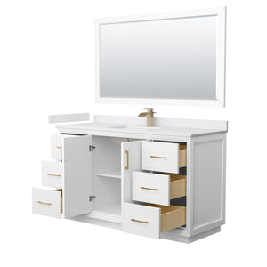Strada 60 Inch Single Bathroom Vanity in White White Cultured Marble Countertop Undermount Square Sink Satin Bronze Trim 58 Inch Mirror