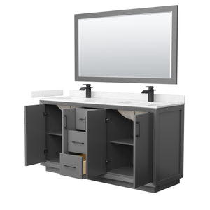 Strada 66 Inch Double Bathroom Vanity in Dark Gray Carrara Cultured Marble Countertop Undermount Square Sink Matte Black Trim 58 Inch Mirror