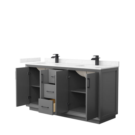 Strada 66 Inch Double Bathroom Vanity in Dark Gray Carrara Cultured Marble Countertop Undermount Square Sink Matte Black Trim