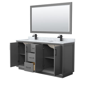 Strada 66 Inch Double Bathroom Vanity in Dark Gray White Carrara Marble Countertop Undermount Square Sink Matte Black Trim 58 Inch Mirror