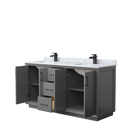 Strada 66 Inch Double Bathroom Vanity in Dark Gray White Carrara Marble Countertop Undermount Square Sink Matte Black Trim