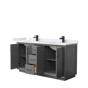 Strada 66 Inch Double Bathroom Vanity in Dark Gray White Cultured Marble Countertop Undermount Square Sink Matte Black Trim