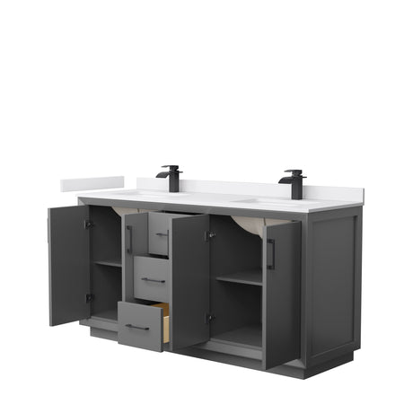 Strada 66 Inch Double Bathroom Vanity in Dark Gray White Cultured Marble Countertop Undermount Square Sink Matte Black Trim